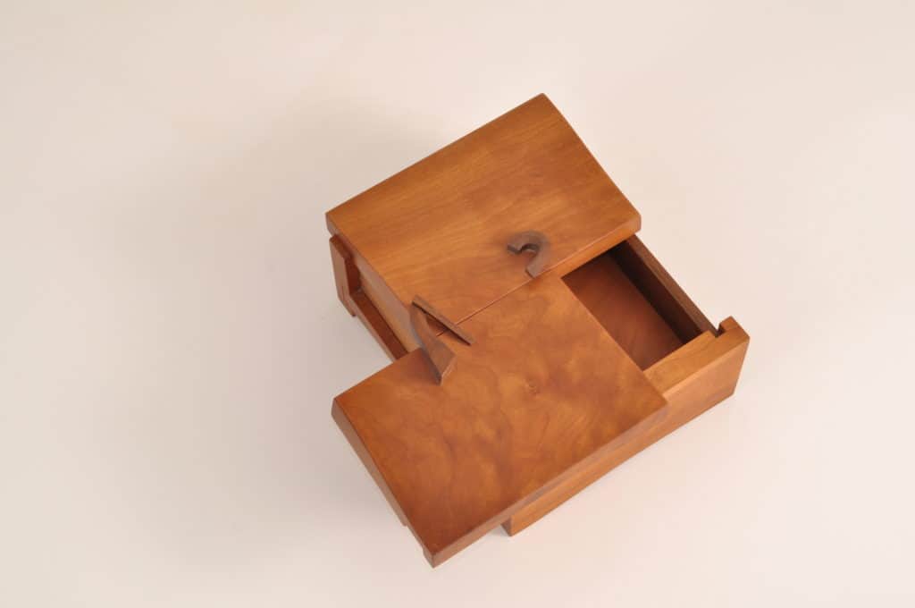 solid cherry custom wedding box "AP" by yana frank, seen from top with one lid slid open