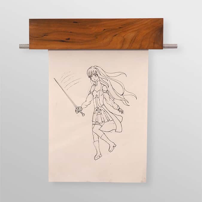 Picture holder design by Yana Frank: A piece of cherry wood and an aluminum rod hold a sheet of paper with a phantasy style drawing of a girl